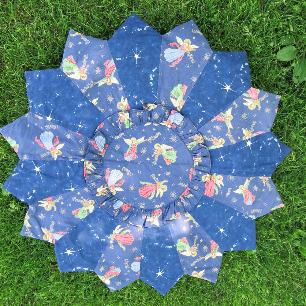 Handmade Quilted Holiday Blue Cotton Angels Round Table Runner Home Décor 29 "